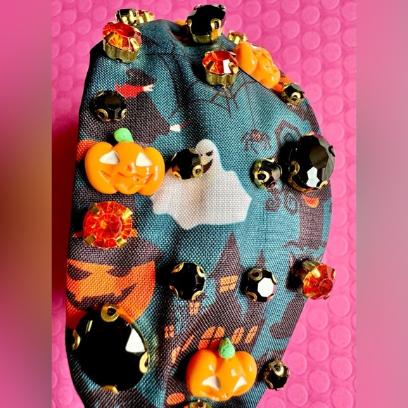 New Halloween Blue w/ Rhinestones Pumpkin Bat Fabric Adult Size Knotted Headband - Picture 8 of 9